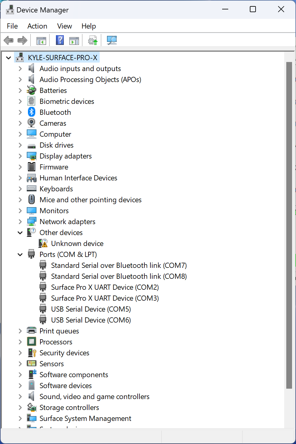 Device Manager showing COM ports