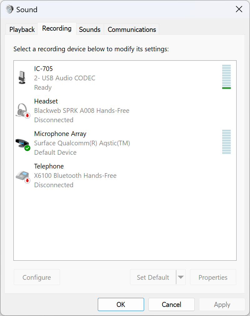 Sound Settings Recording Tab