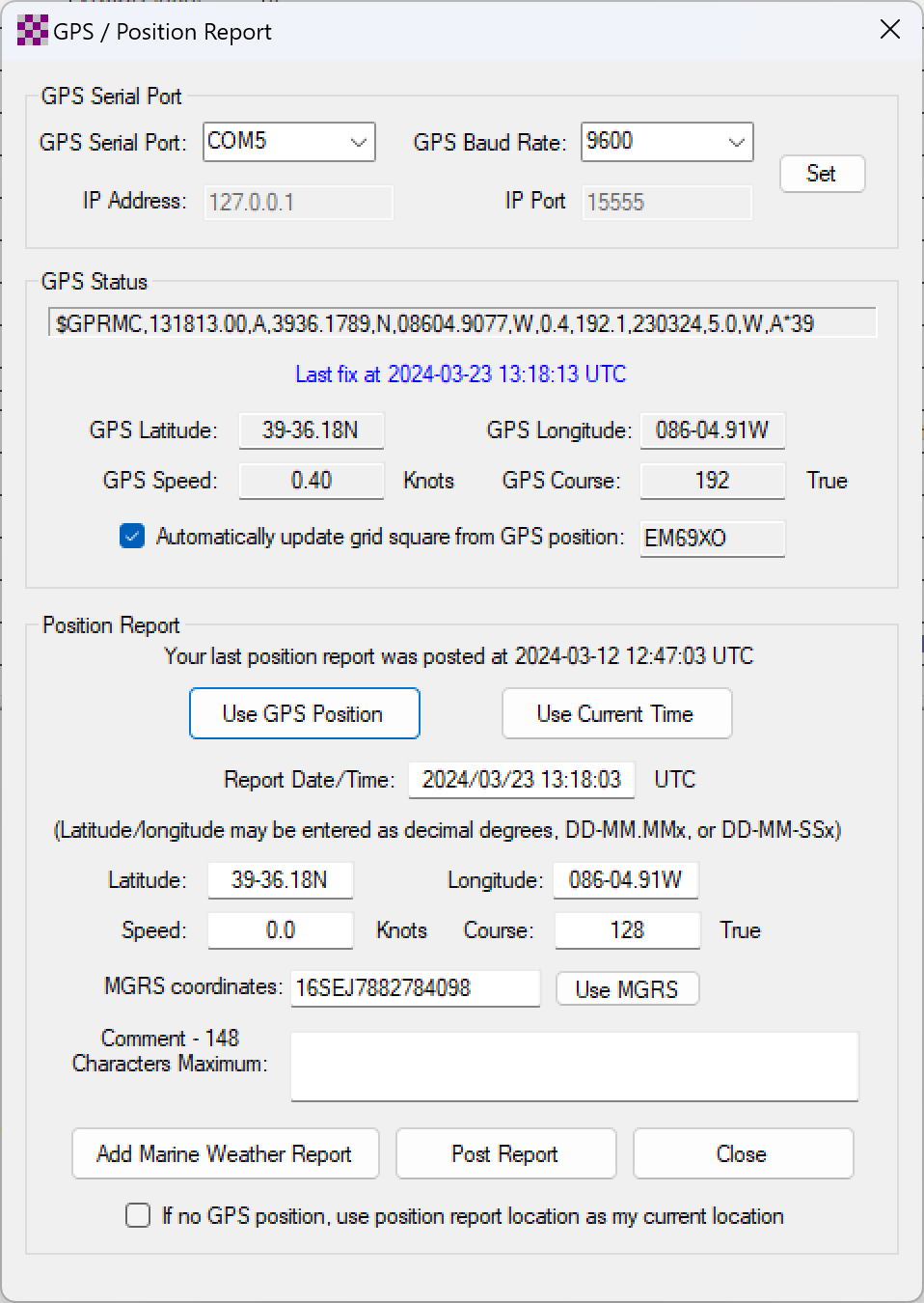 Winlink Express “Position Report” settings