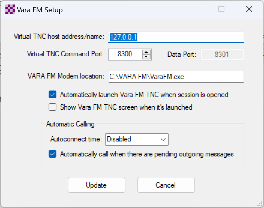 Winlink Express “Vara TNC” settings in P2P Session